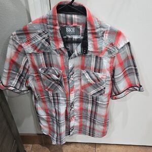 BKE Casual Red and Gray Plaid Button Down Shirt